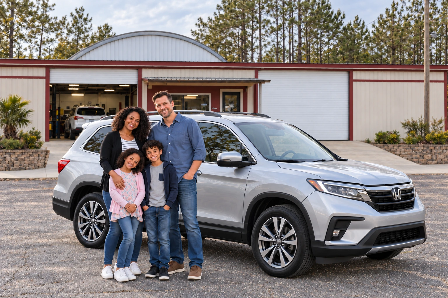 Illustrative family pickup scene beside a silver SUV outside Big Chris Collision