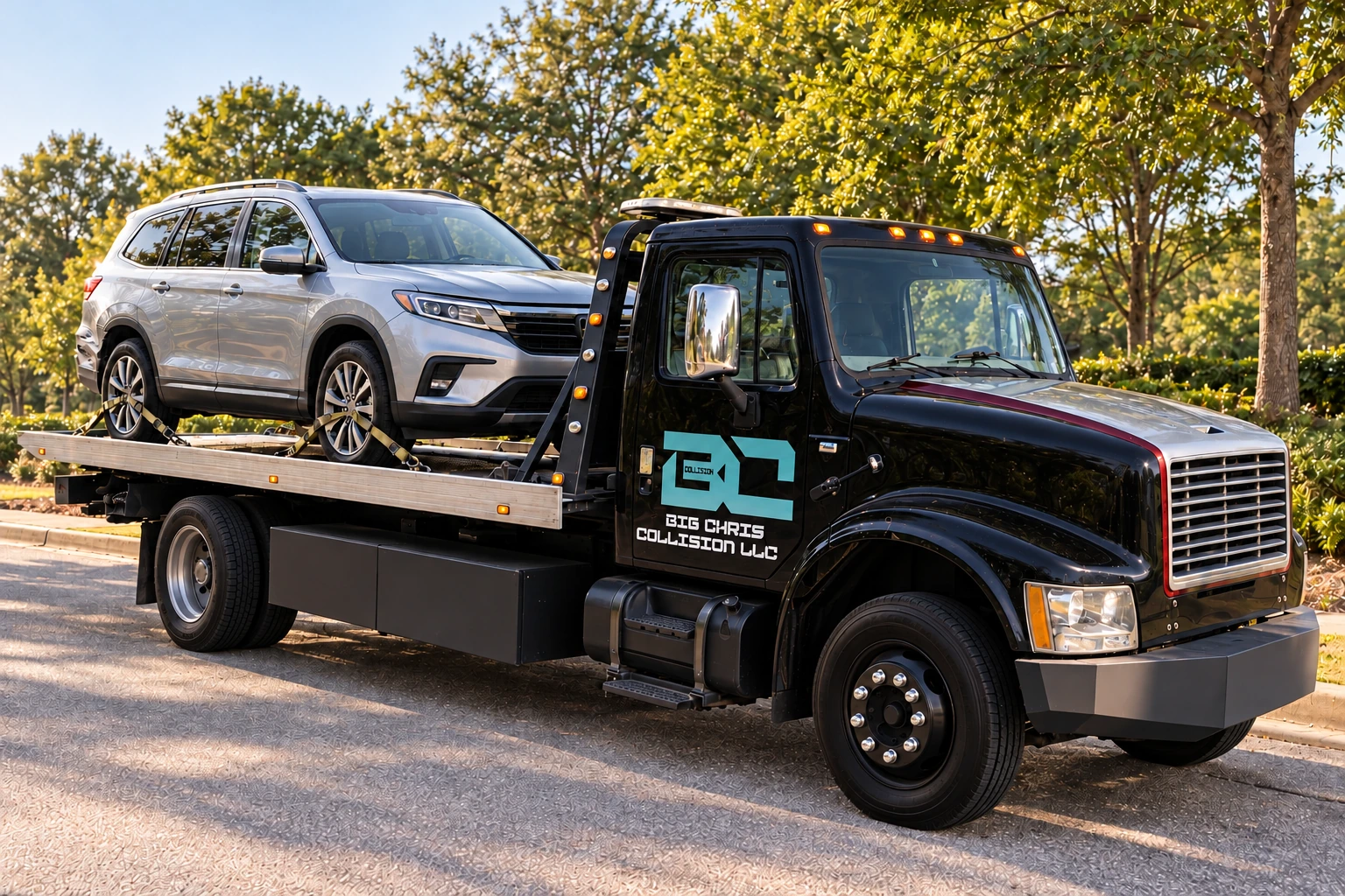 Cleaned-up Big Chris Collision rollback carrying a silver SUV