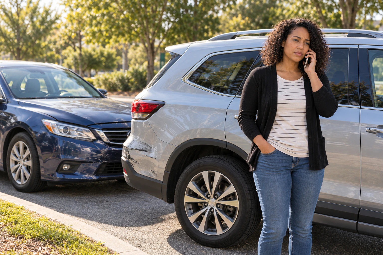 Illustrative scene of a driver calling for help after a minor collision