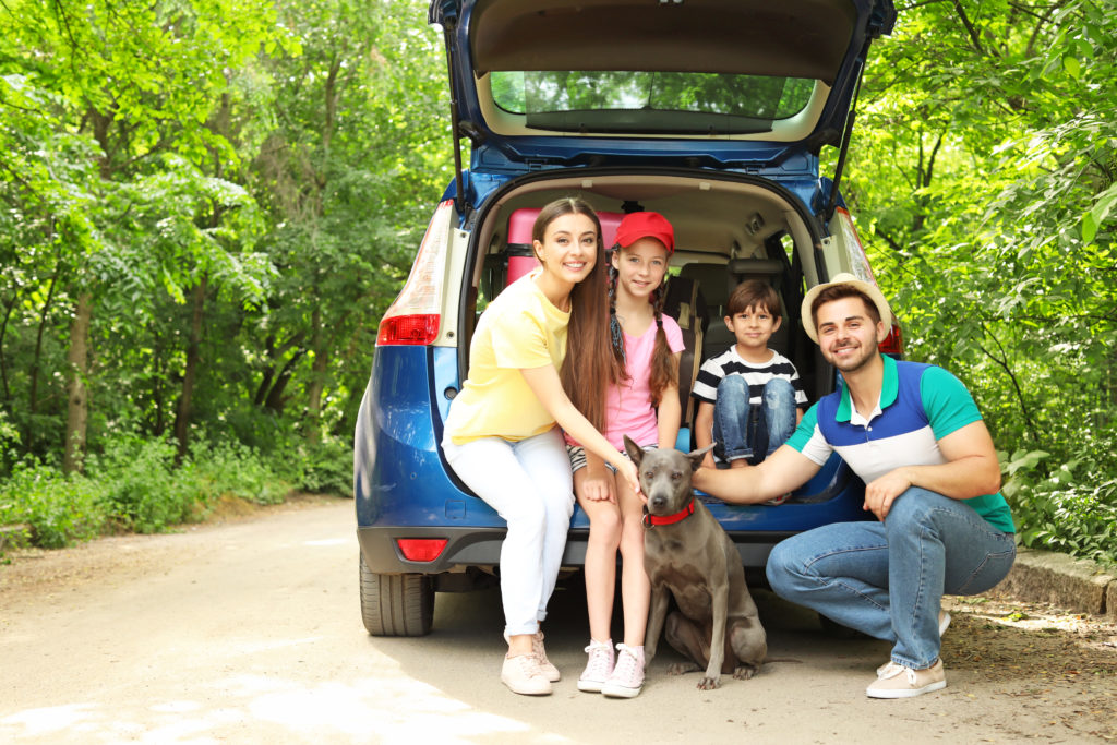 Happy,Family,With,Dog,Near,Car,Outdoors